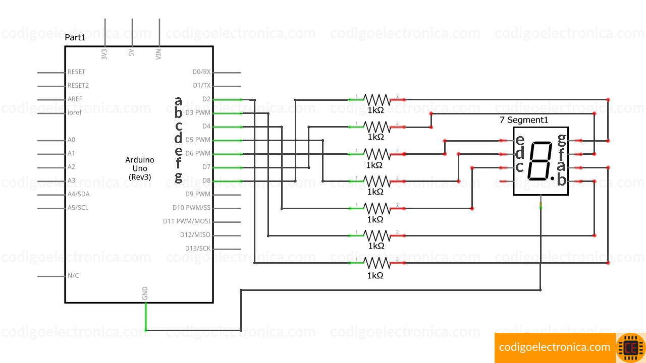Conexión display 7 segmentos cátodo cómun schem
