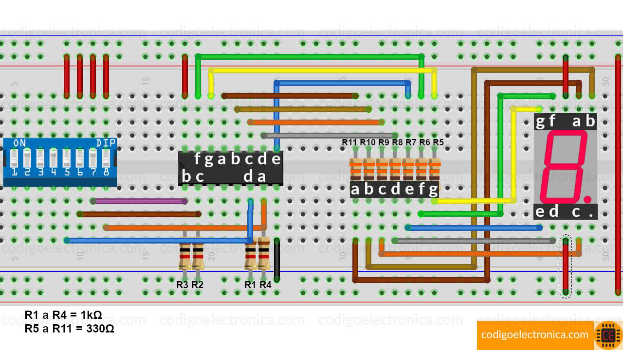 Breadboard de conexión display ánodo común