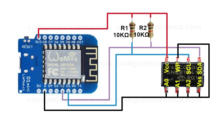 Conexión wemos d1 eeprom 24LCXX