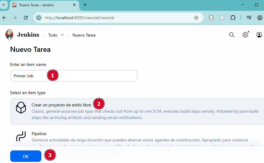 Nombre primer job en jenkins