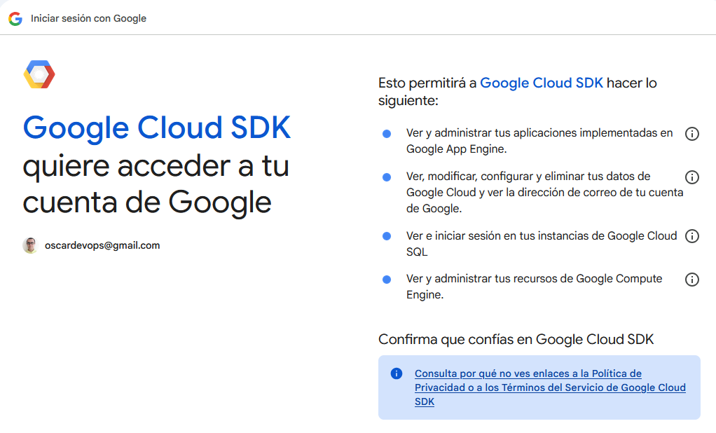 Permitir permisos a Gcloud