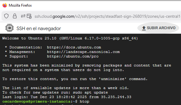 Consola SSH de instancia VM